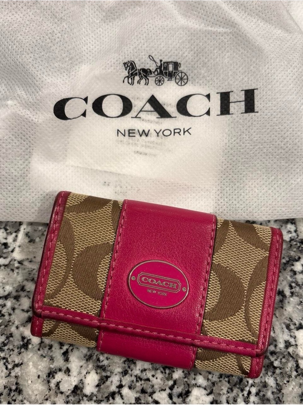 Coach Brown Signature Canvas Key Wallet with Pink Leather Trim